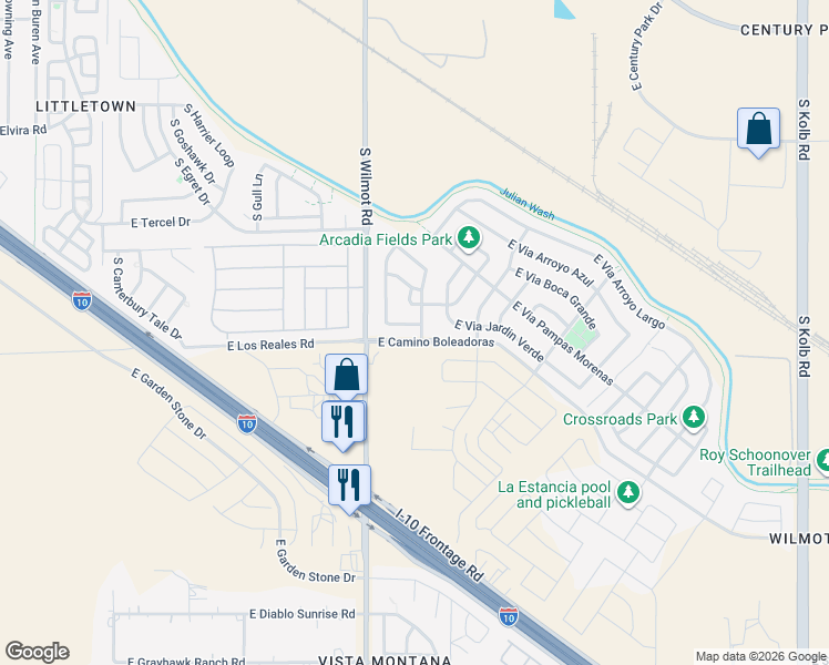 map of restaurants, bars, coffee shops, grocery stores, and more near 6398 East Via Valdivia in Tucson