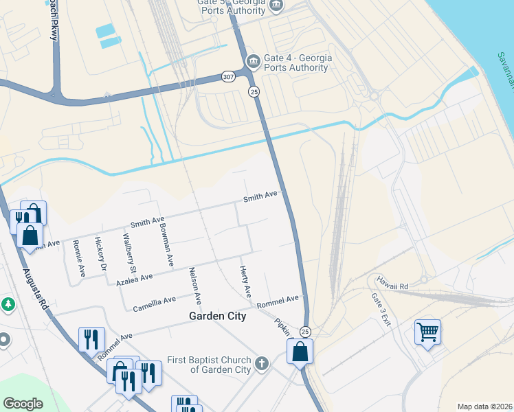 map of restaurants, bars, coffee shops, grocery stores, and more near 19 Smith Avenue in Savannah