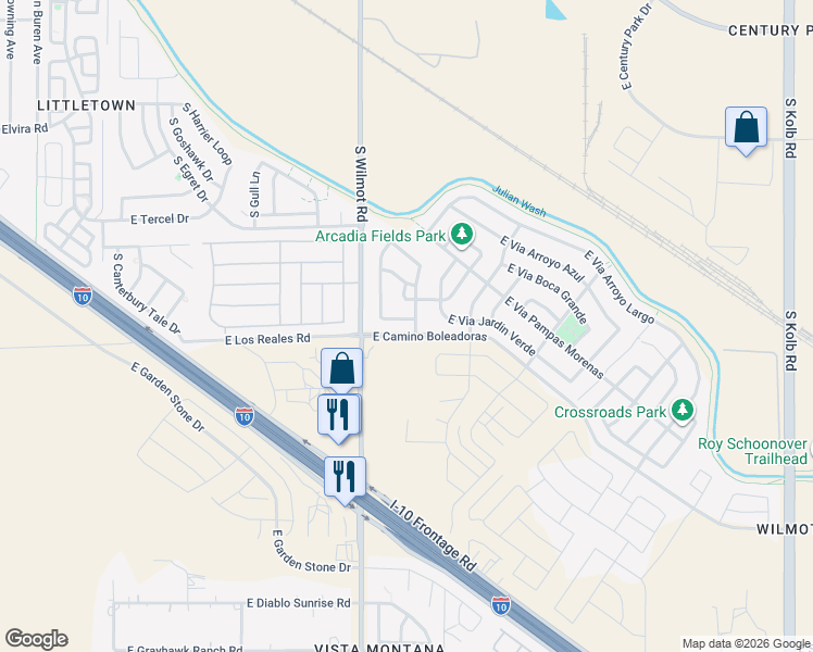 map of restaurants, bars, coffee shops, grocery stores, and more near 6398 East Via Valdivia in Tucson