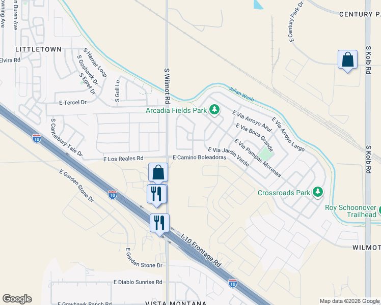 map of restaurants, bars, coffee shops, grocery stores, and more near 6398 East Via Valdivia in Tucson