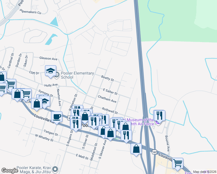 map of restaurants, bars, coffee shops, grocery stores, and more near 405 1st Street in Pooler