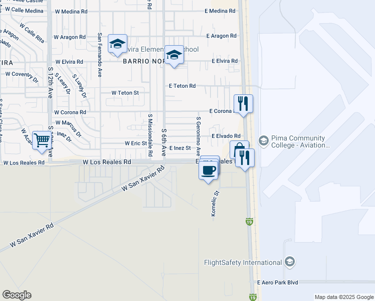 map of restaurants, bars, coffee shops, grocery stores, and more near 202 East Inez Street in Tucson