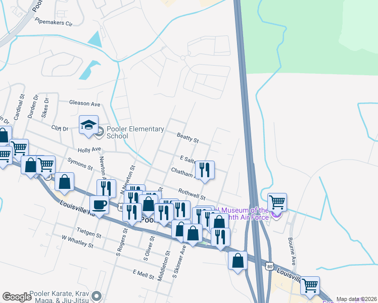 map of restaurants, bars, coffee shops, grocery stores, and more near 416 Morgan Street in Pooler