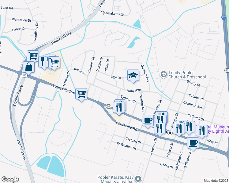 map of restaurants, bars, coffee shops, grocery stores, and more near 605 Holly Avenue in Pooler