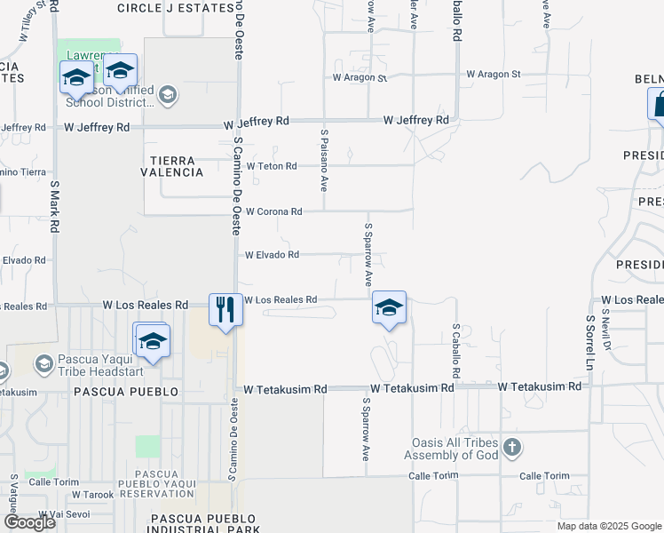 map of restaurants, bars, coffee shops, grocery stores, and more near 4341 West Elvado Road in Tucson