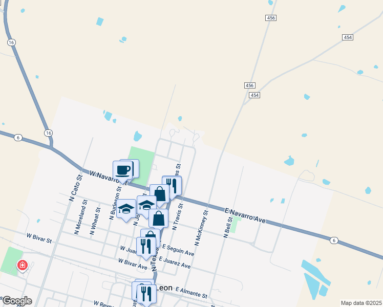 map of restaurants, bars, coffee shops, grocery stores, and more near 1241 North Texas Street in De Leon