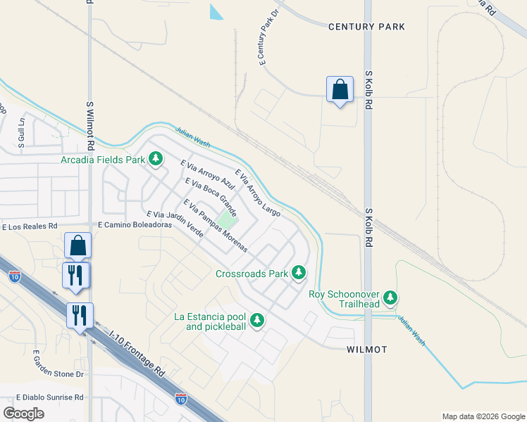map of restaurants, bars, coffee shops, grocery stores, and more near 6805 East Via Arroyo Largo in Tucson