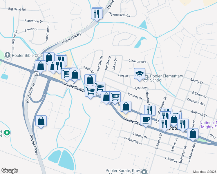 map of restaurants, bars, coffee shops, grocery stores, and more near 412 Symons Street in Pooler