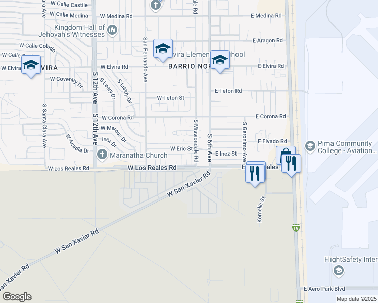 map of restaurants, bars, coffee shops, grocery stores, and more near 117 West Eric Street in Tucson
