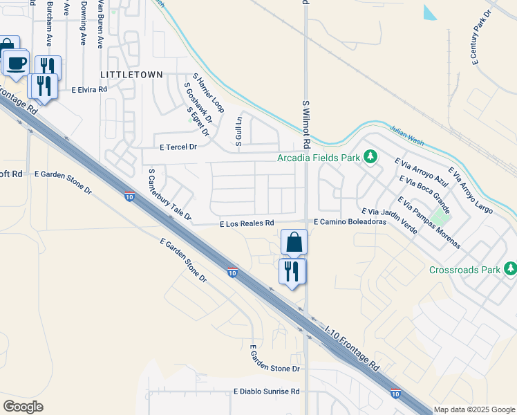 map of restaurants, bars, coffee shops, grocery stores, and more near 7263 South Ventanna De Las Piedras in Tucson