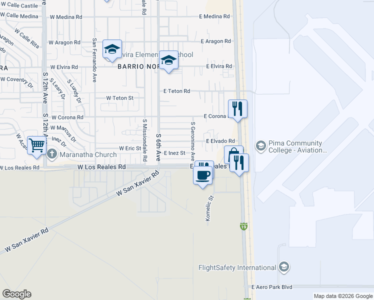 map of restaurants, bars, coffee shops, grocery stores, and more near 218 East Elvado Road in Tucson
