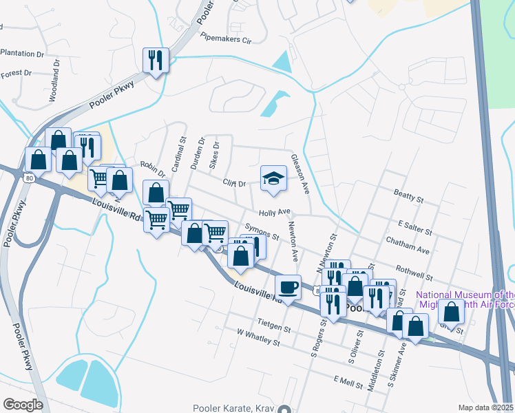 map of restaurants, bars, coffee shops, grocery stores, and more near 304 Brady Street in Pooler