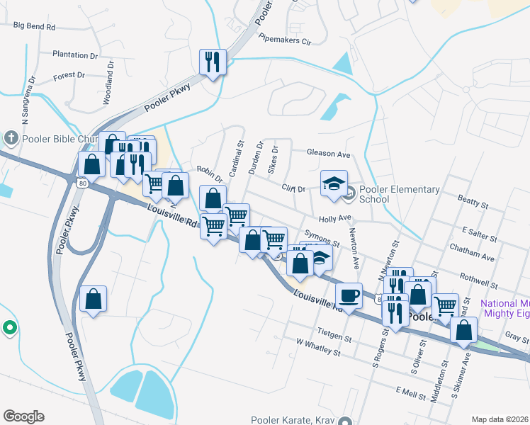 map of restaurants, bars, coffee shops, grocery stores, and more near 412 Symons Street in Pooler