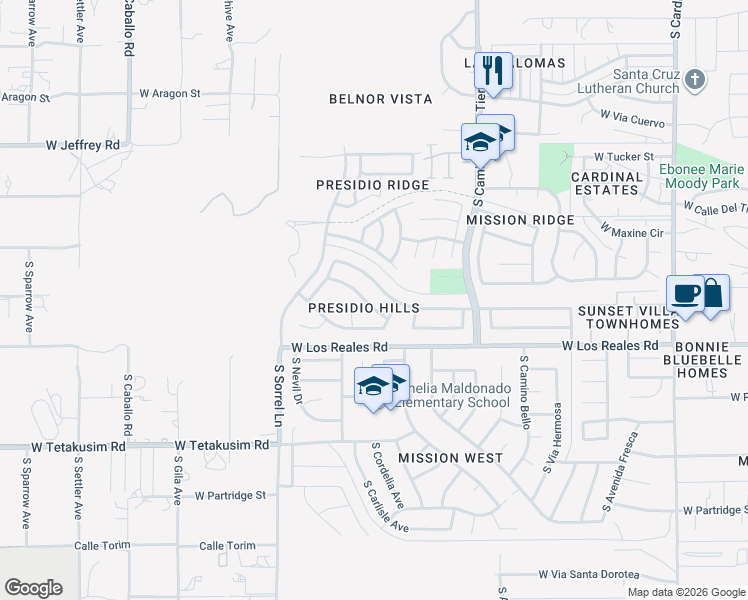 map of restaurants, bars, coffee shops, grocery stores, and more near 3580 West Avenida Del Mar in Tucson