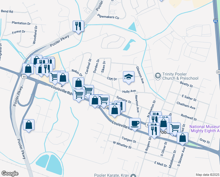 map of restaurants, bars, coffee shops, grocery stores, and more near 605 Holly Avenue in Pooler