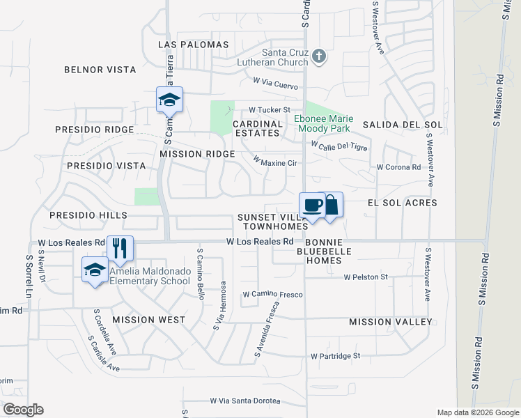 map of restaurants, bars, coffee shops, grocery stores, and more near 3032 West Avenida Obregon in Tucson