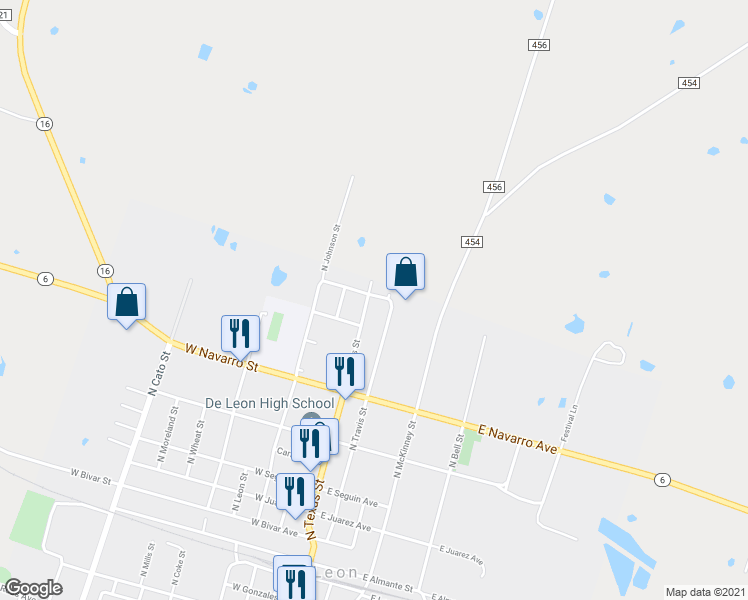 map of restaurants, bars, coffee shops, grocery stores, and more near 1241 North Texas Street in De Leon