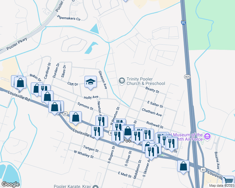 map of restaurants, bars, coffee shops, grocery stores, and more near 305 Benton Drive in Pooler