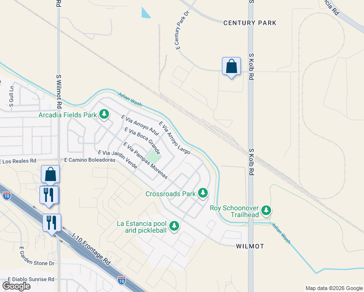 map of restaurants, bars, coffee shops, grocery stores, and more near 6805 East Via Arroyo Largo in Tucson