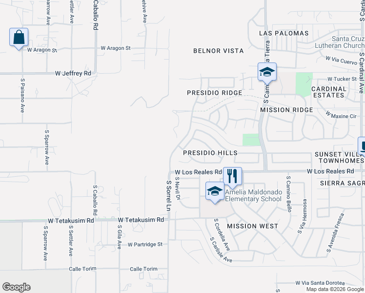 map of restaurants, bars, coffee shops, grocery stores, and more near 7230 South Camino Secreto in Tucson
