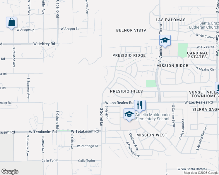 map of restaurants, bars, coffee shops, grocery stores, and more near 7230 South Camino Secreto in Tucson