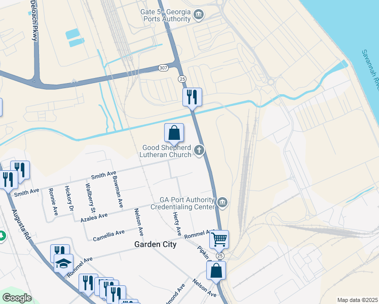 map of restaurants, bars, coffee shops, grocery stores, and more near 18 Smith Avenue in Savannah