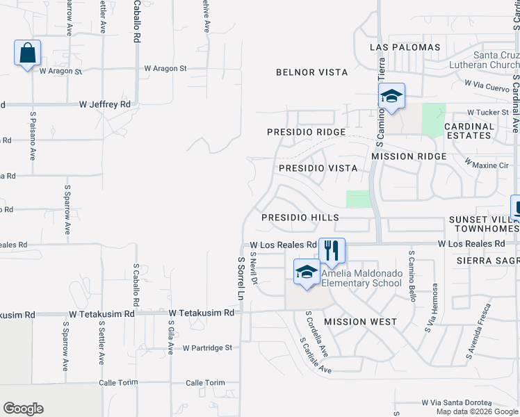 map of restaurants, bars, coffee shops, grocery stores, and more near 7230 South Camino Secreto in Tucson