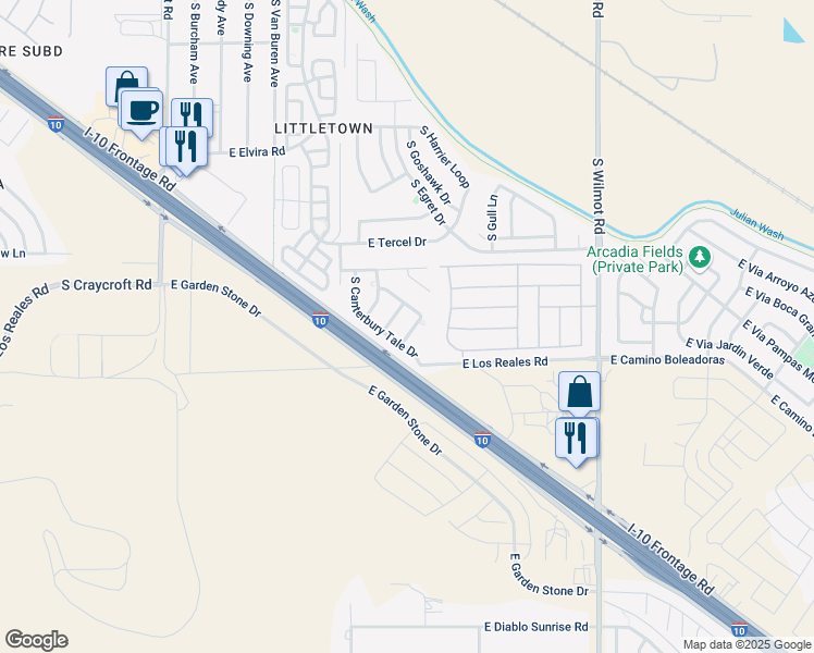 map of restaurants, bars, coffee shops, grocery stores, and more near 7234 South Millers Tale Drive in Tucson