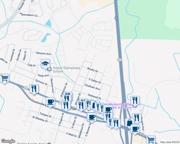 map of restaurants, bars, coffee shops, grocery stores, and more near 416 Morgan Street in Pooler