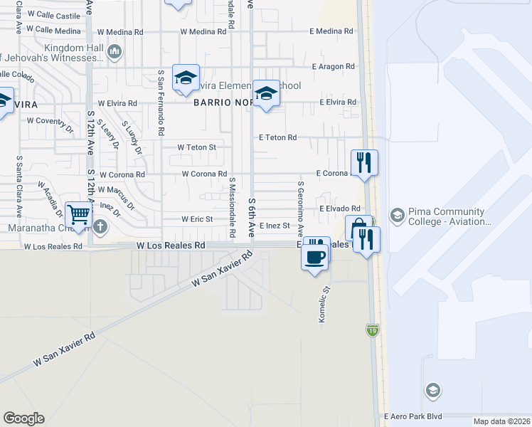 map of restaurants, bars, coffee shops, grocery stores, and more near 26 East Elvado Road in Tucson