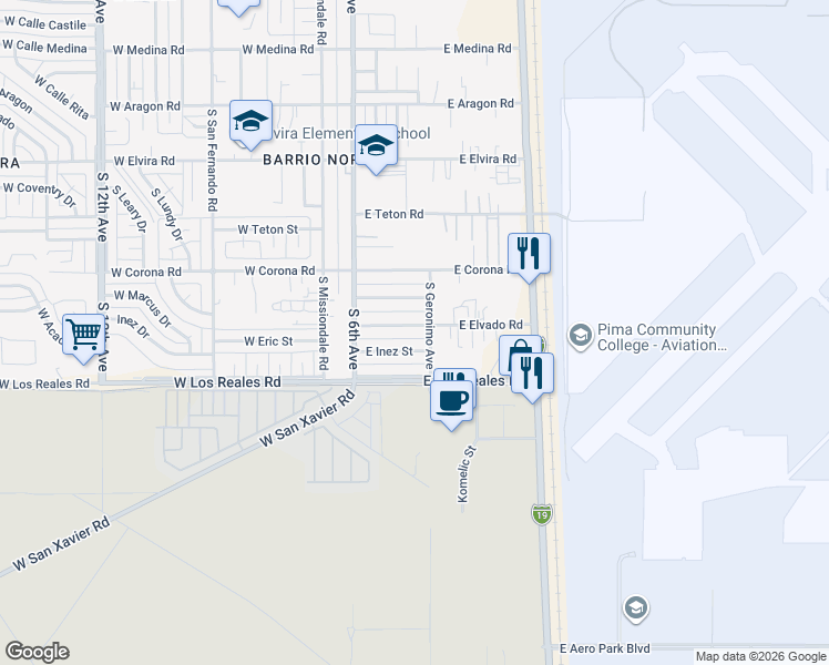 map of restaurants, bars, coffee shops, grocery stores, and more near 218 East Elvado Road in Tucson