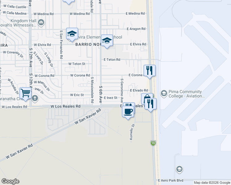 map of restaurants, bars, coffee shops, grocery stores, and more near 218 East Elvado Road in Tucson