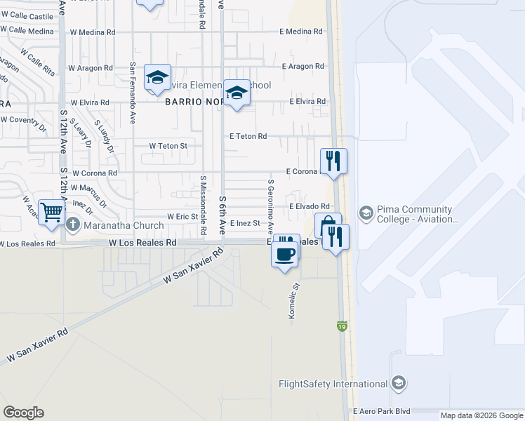 map of restaurants, bars, coffee shops, grocery stores, and more near 218 East Elvado Road in Tucson