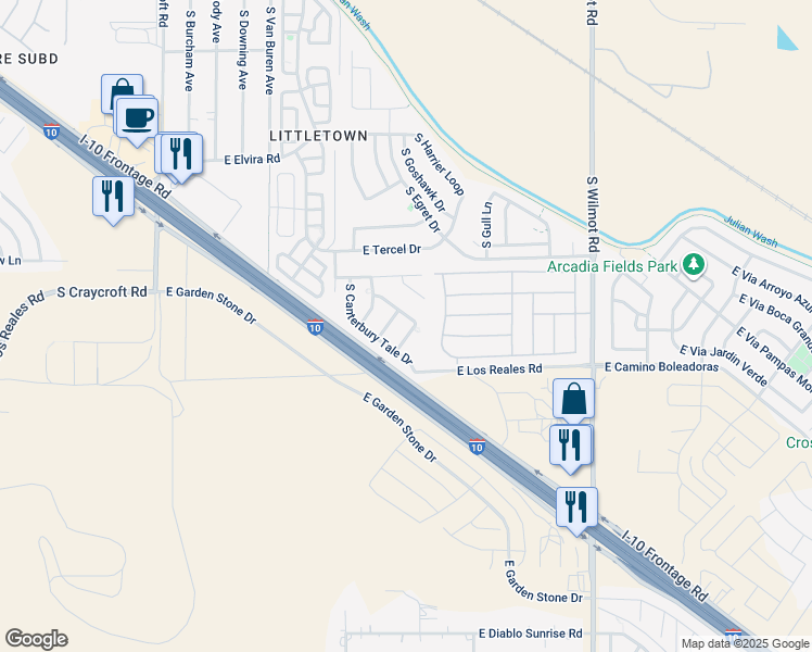 map of restaurants, bars, coffee shops, grocery stores, and more near 7224 South Millers Tale Drive in Tucson