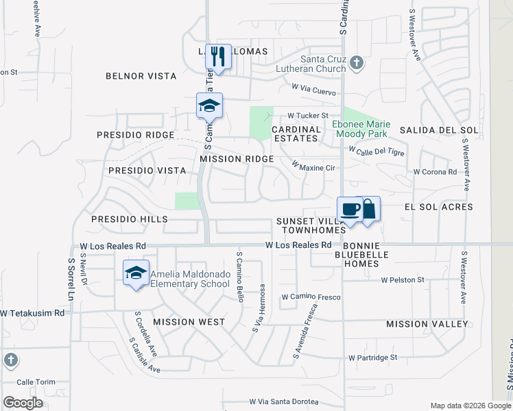 map of restaurants, bars, coffee shops, grocery stores, and more near 3153 West Avenida Manana in Tucson