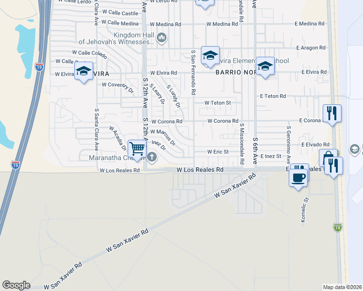 map of restaurants, bars, coffee shops, grocery stores, and more near 341 West Marcus Drive in Tucson