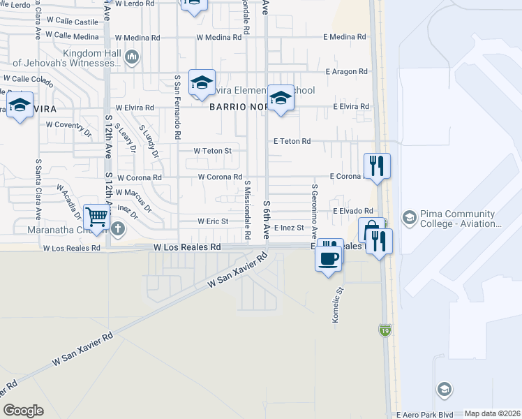 map of restaurants, bars, coffee shops, grocery stores, and more near 7213 South Missiondale Road in Tucson