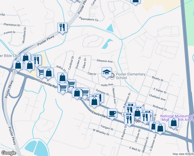 map of restaurants, bars, coffee shops, grocery stores, and more near 304 Brady Street in Pooler