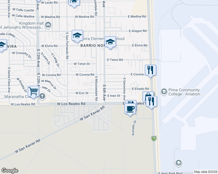 map of restaurants, bars, coffee shops, grocery stores, and more near 26 East Elvado Road in Tucson