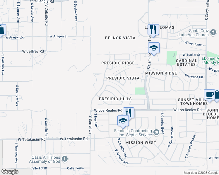 map of restaurants, bars, coffee shops, grocery stores, and more near 3651 West Avenida Obregon in Tucson