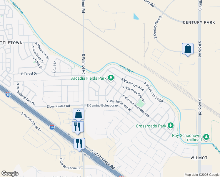 map of restaurants, bars, coffee shops, grocery stores, and more near 6420 East Via Jardin Verde in Tucson