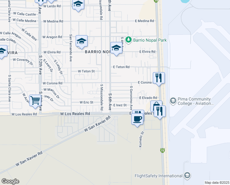 map of restaurants, bars, coffee shops, grocery stores, and more near 25 East Susana Street in Tucson