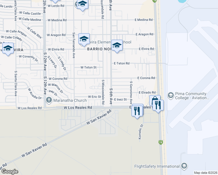map of restaurants, bars, coffee shops, grocery stores, and more near 7119 South Missiondale Road in Tucson