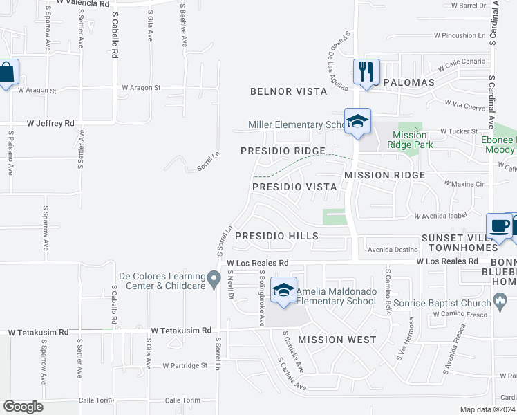 map of restaurants, bars, coffee shops, grocery stores, and more near 3667 West Avenida Obregon in Tucson