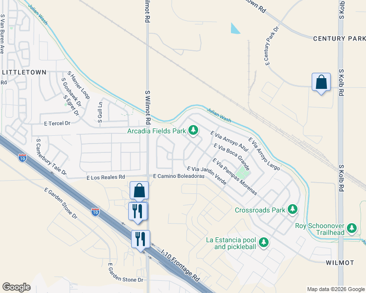 map of restaurants, bars, coffee shops, grocery stores, and more near 6420 East Via Jardin Verde in Tucson