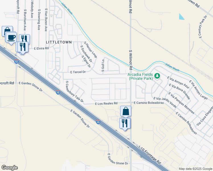 map of restaurants, bars, coffee shops, grocery stores, and more near 6119 East Rough Rock Drive in Tucson