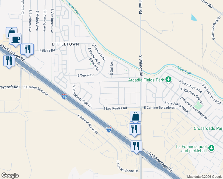 map of restaurants, bars, coffee shops, grocery stores, and more near 6119 East Rough Rock Drive in Tucson