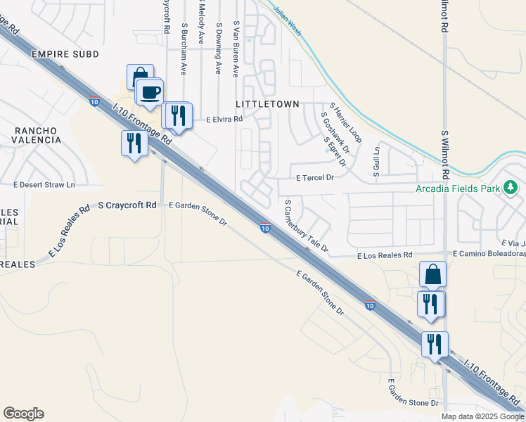 map of restaurants, bars, coffee shops, grocery stores, and more near 7163 South Vuelta Silueta in Tucson