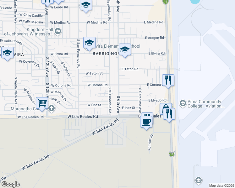 map of restaurants, bars, coffee shops, grocery stores, and more near 7119 South Missiondale Road in Tucson