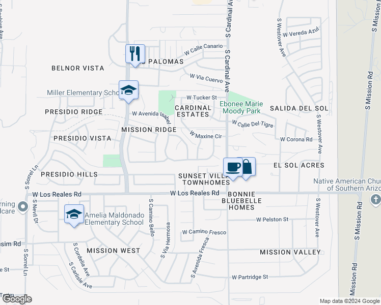 map of restaurants, bars, coffee shops, grocery stores, and more near 7122 South Dooley Drive in Tucson